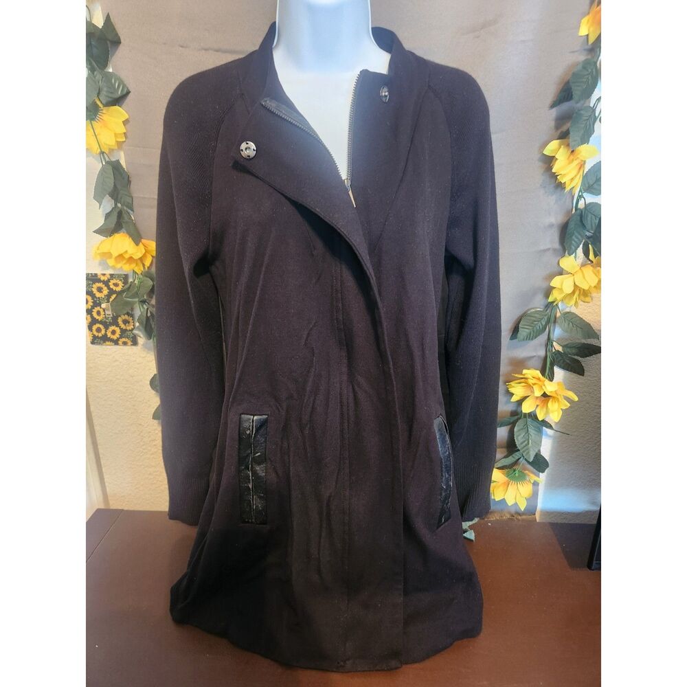 Cabi Black Moto Cardigan Small Asymmetrical Zip Knit Sweater Faux Leather Trim